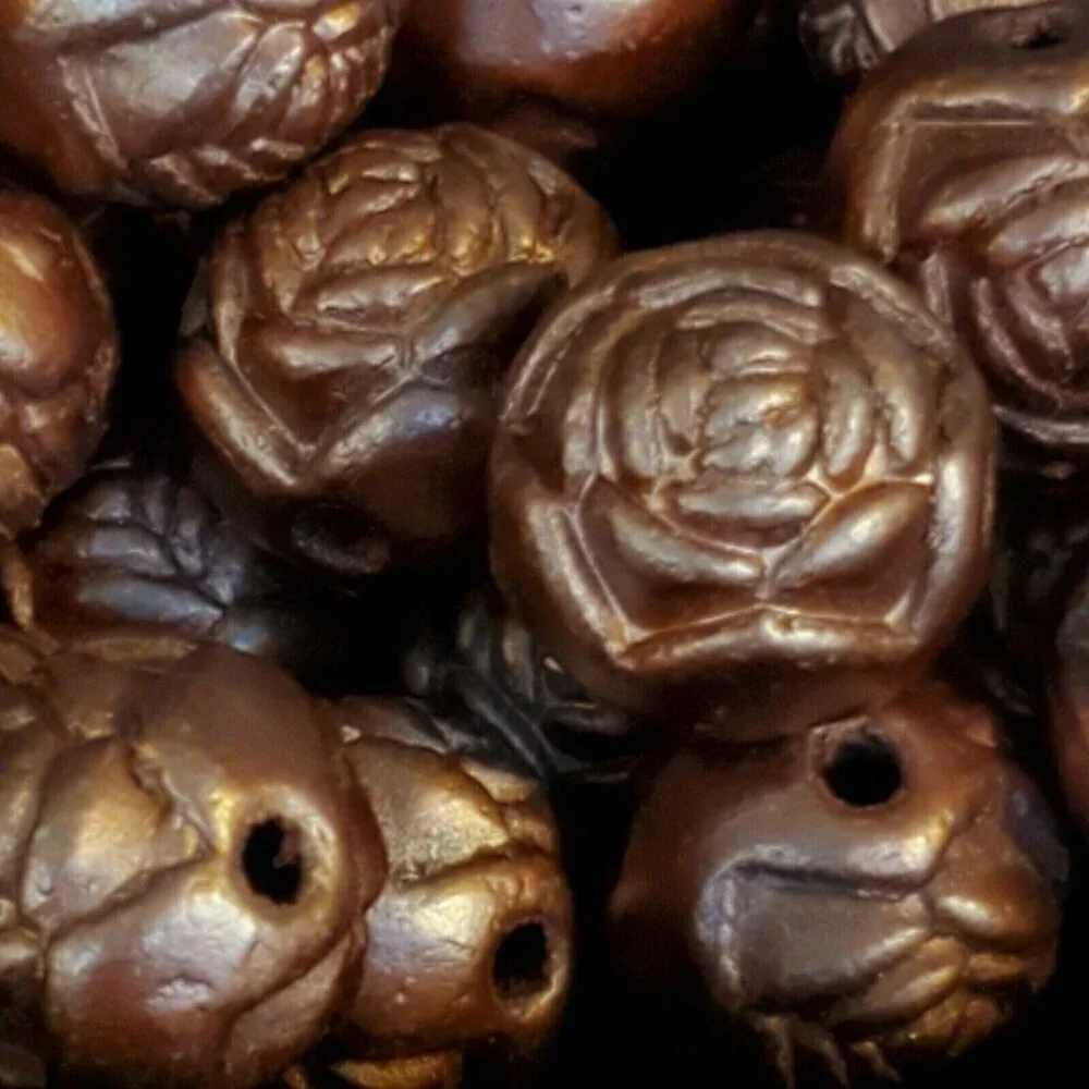 Vintage Retro Bronze Satin Rosebud Flower 14mm Round Acrylic Beads 10 pcs